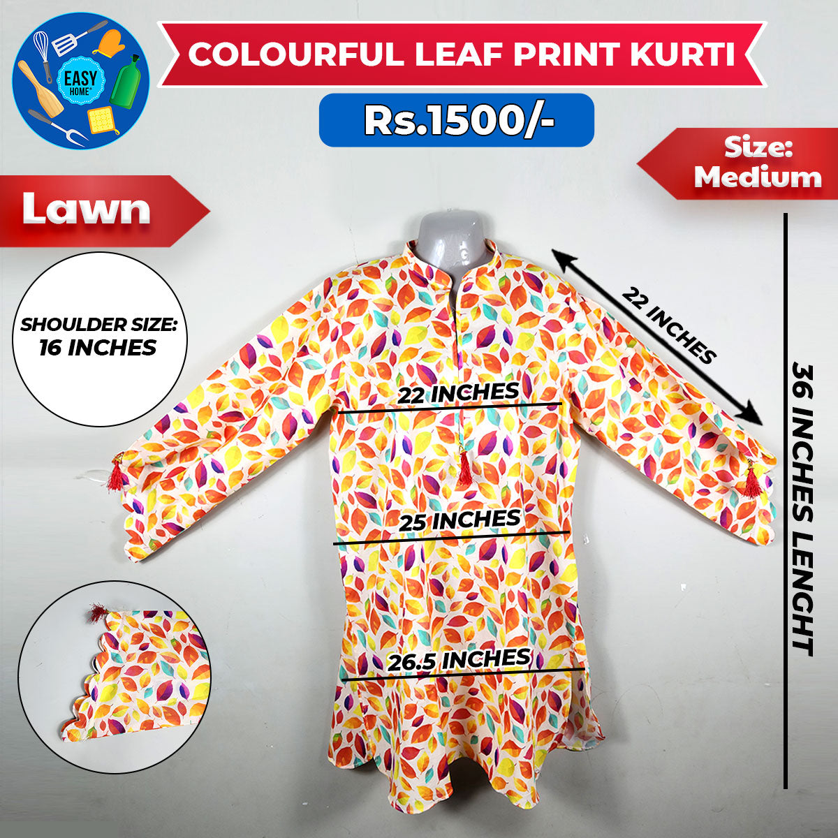 Colourful Leaf Print Kurti - Medium