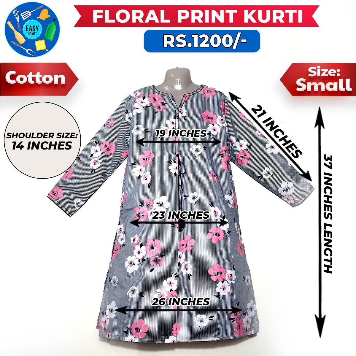 Floral Print Ladies Cotton Kurti - Small