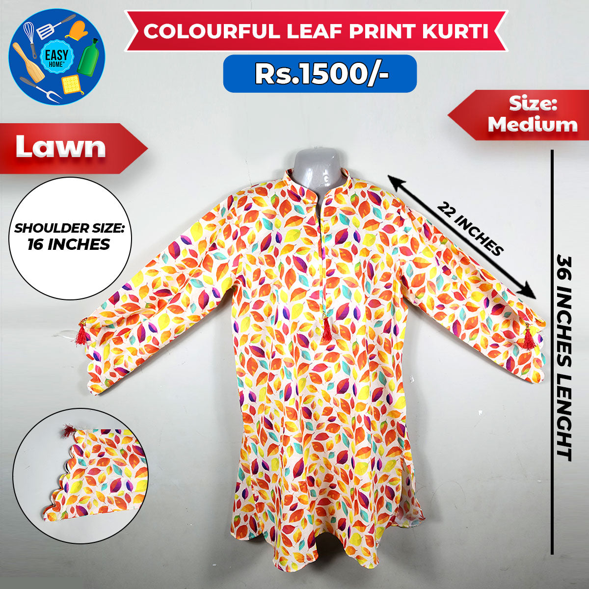 Colourful Leaf Print Kurti - Medium