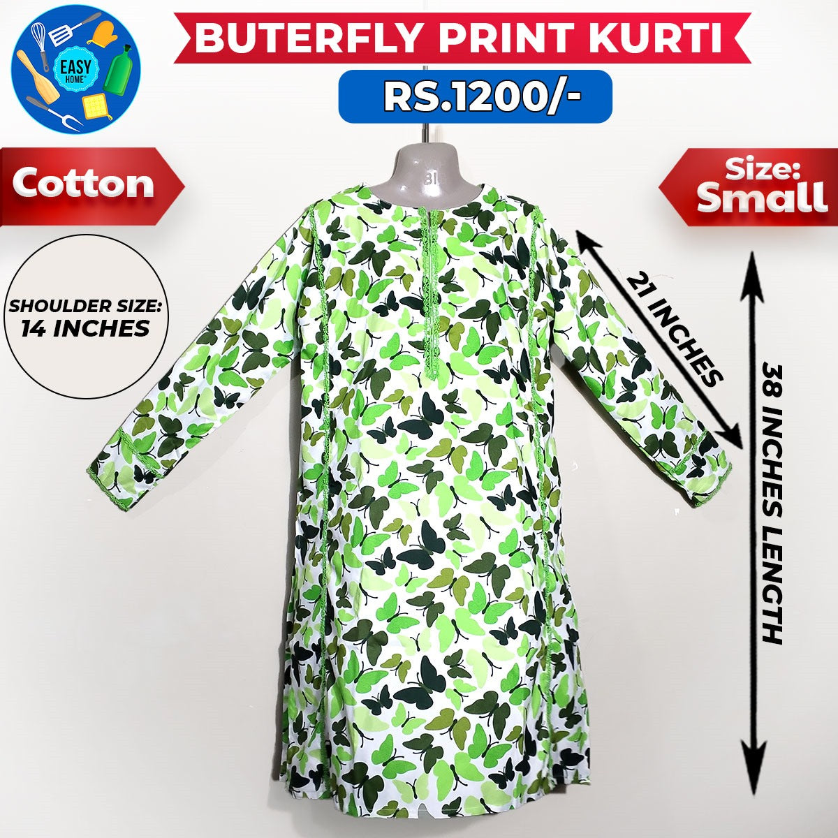 Butterfly Print Ladies Cotton Kurti - Small