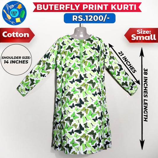 Butterfly Print Ladies Cotton Kurti - Small