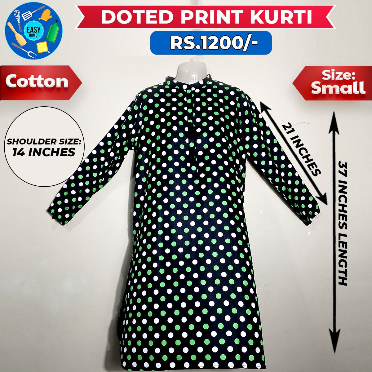 Doted Print Ladies Cotton Kurti - Small