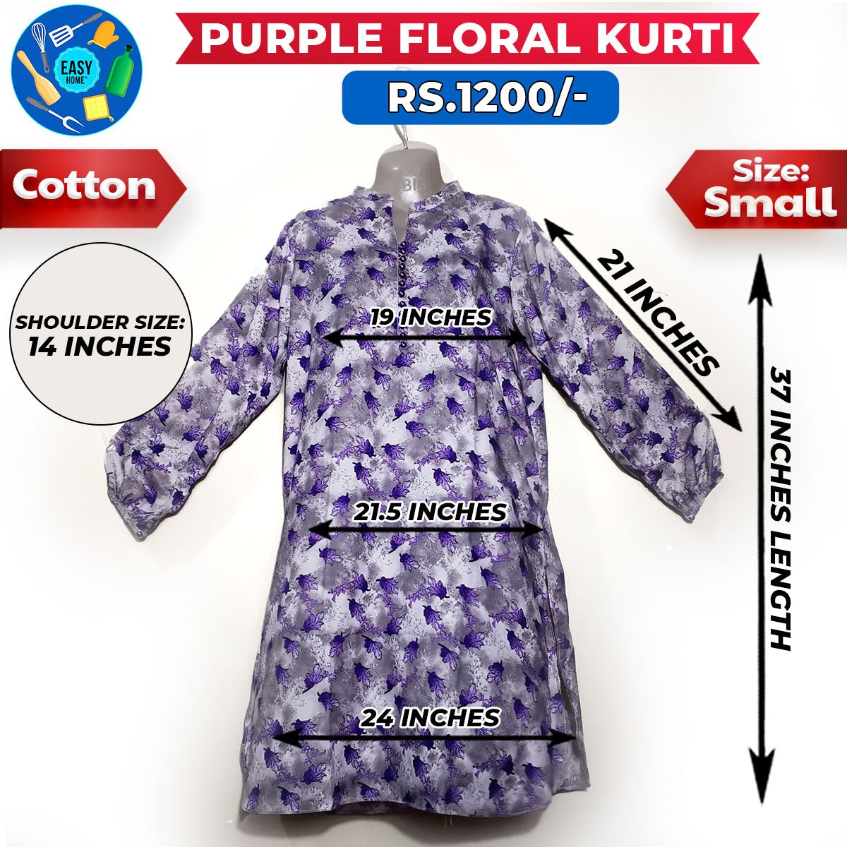 Purple Floral Ladies Cotton Kurti - Small