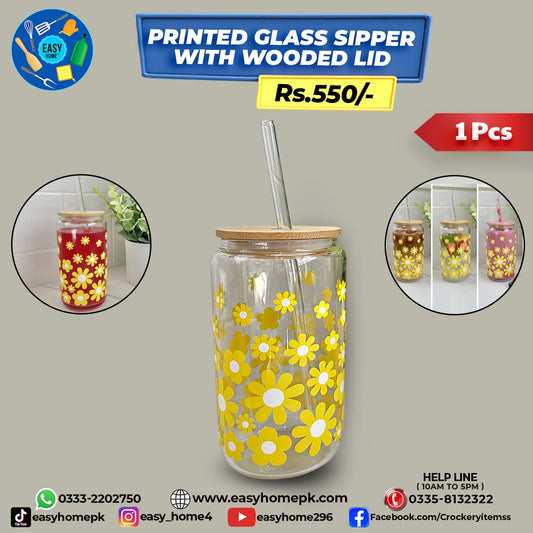 Printed Glass Sipper With Wooden LED