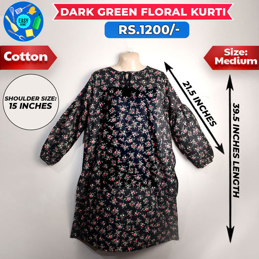 Dark Green Floral Ladies Cotton Kurti-Medium