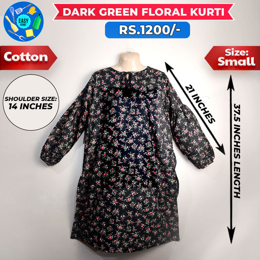 Dark Green Floral Ladies Cotton Kurti-Small