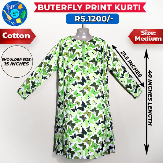 Butterfly Print Ladies Cotton Kurti - Medium