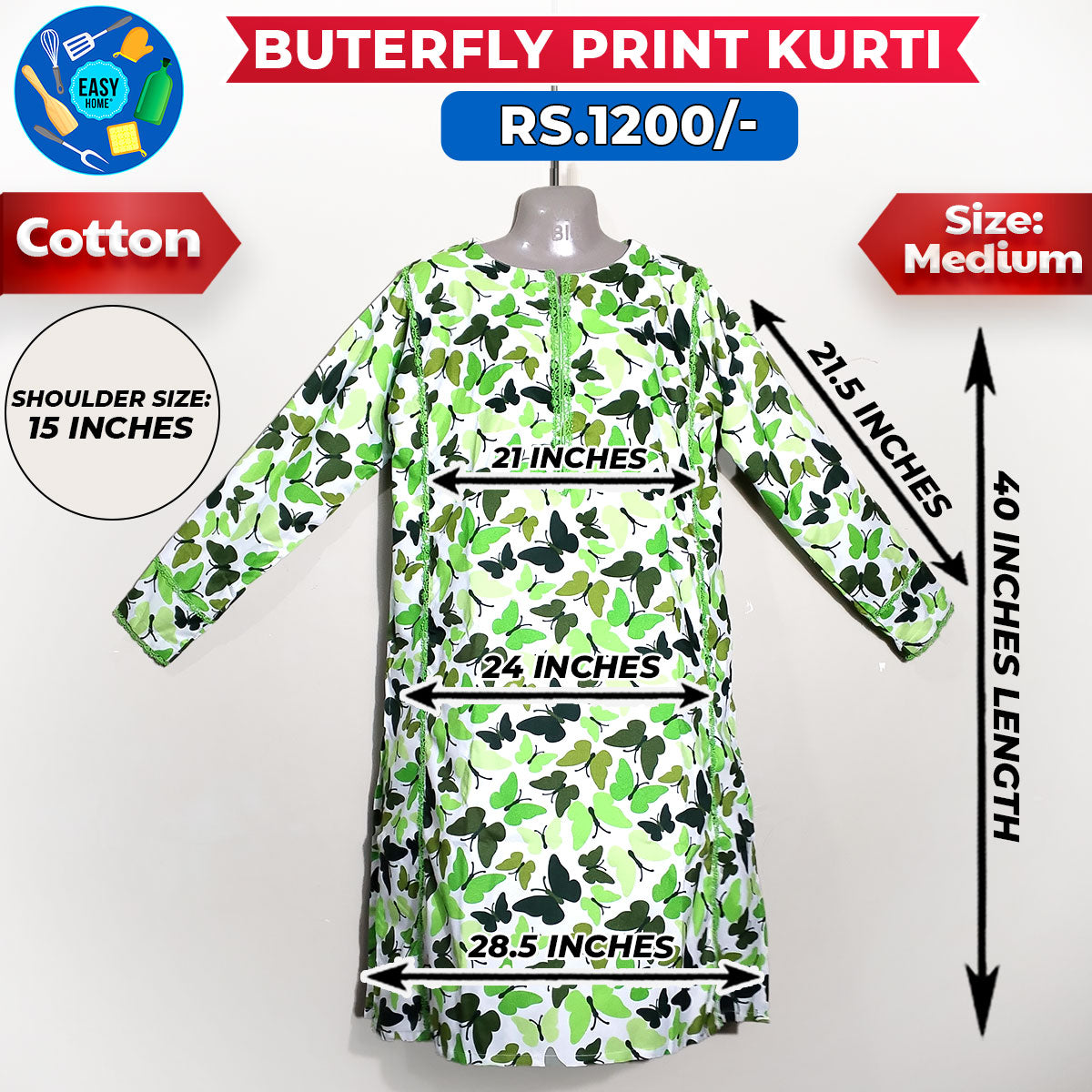 Butterfly Print Ladies Cotton Kurti - Medium