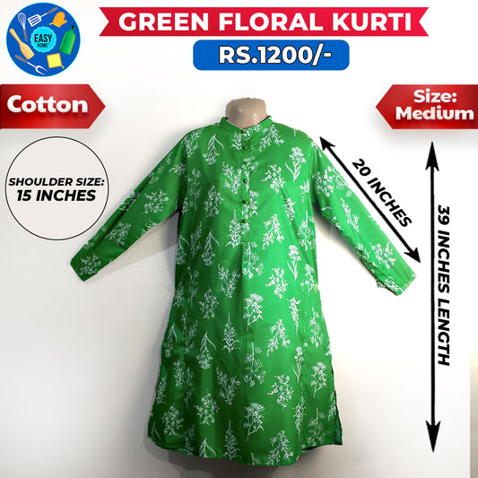 Green Floral Ladies Cotton Kurti-Medium