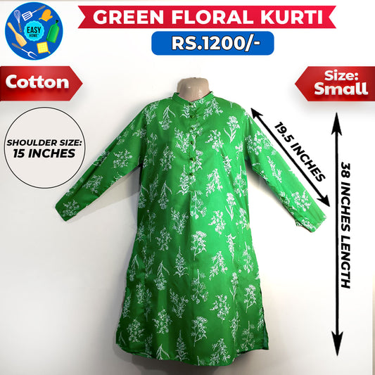 Green Floral Ladies Cotton Kurti-Small
