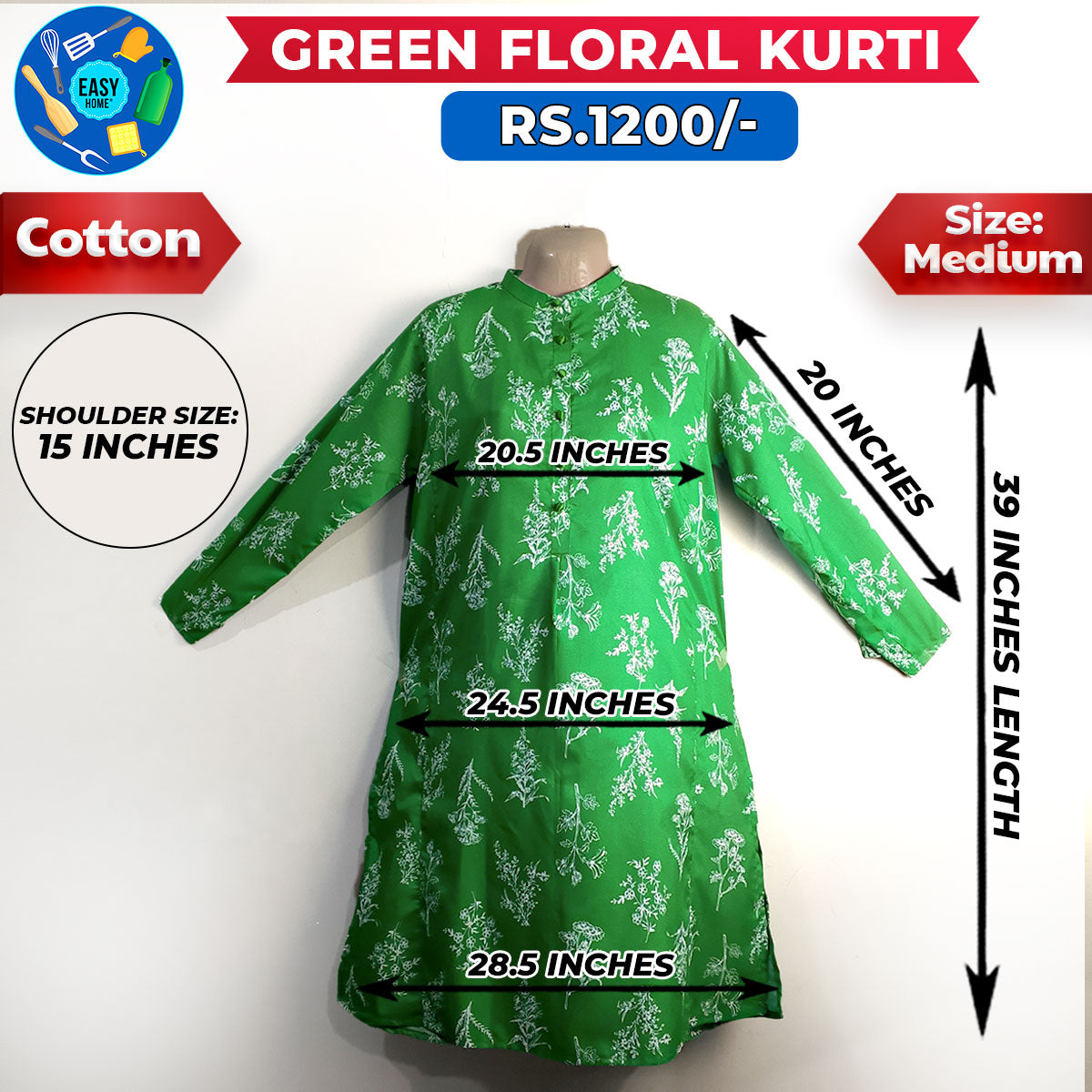 Green Floral Ladies Cotton Kurti-Medium
