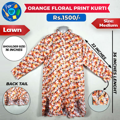 Orange Floral Print Kurti - Medium