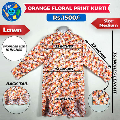 Orange Floral Print Kurti - Medium