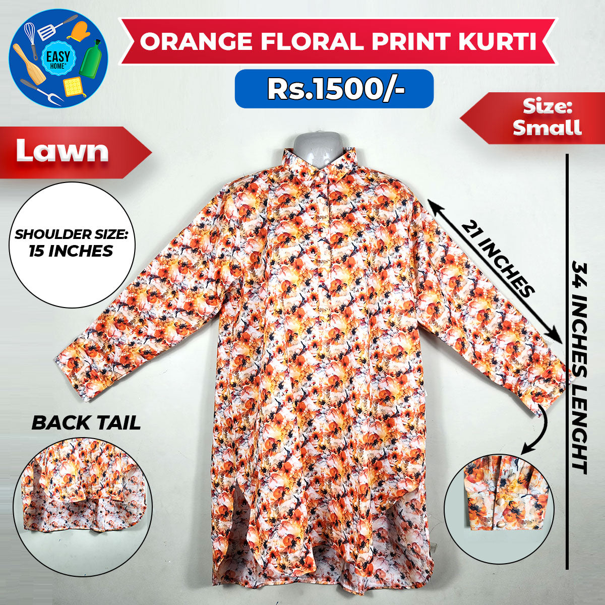 Orange Floral Print Kurti - Small