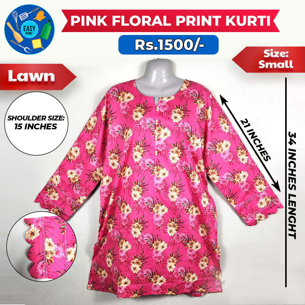Pink Floral Print Kurti - Small