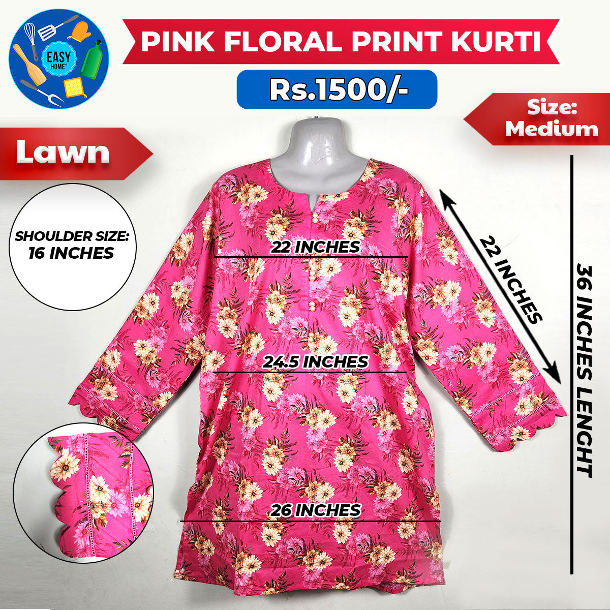 Pink Floral Print Kurti - Medium