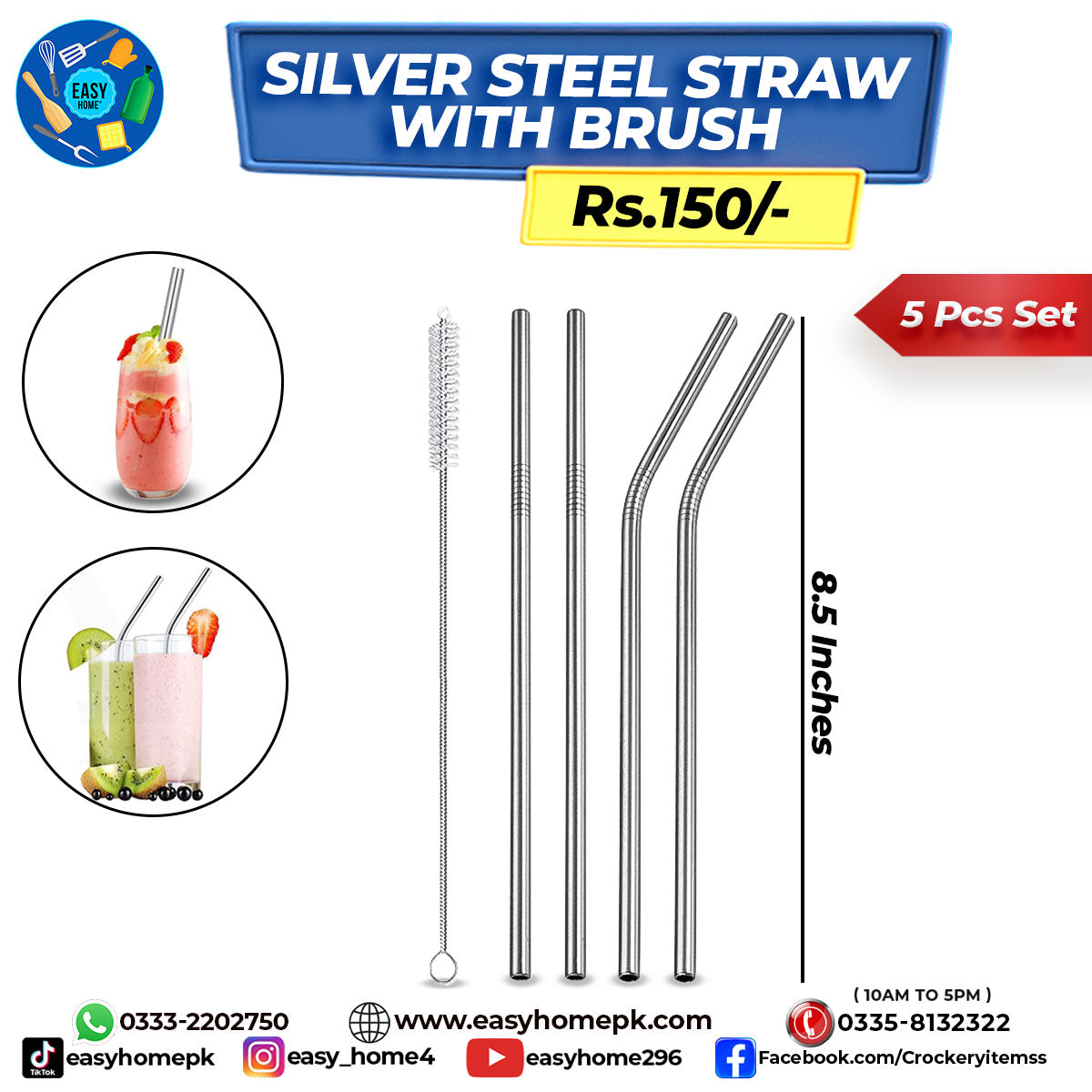 Silver Steel Straw With Brush