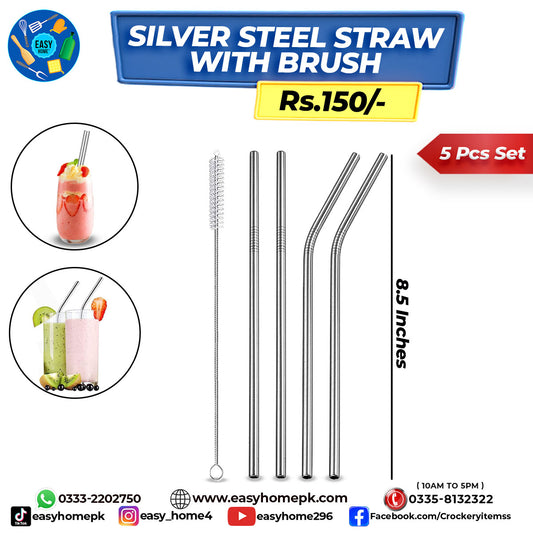 Silver Steel Straw With Brush